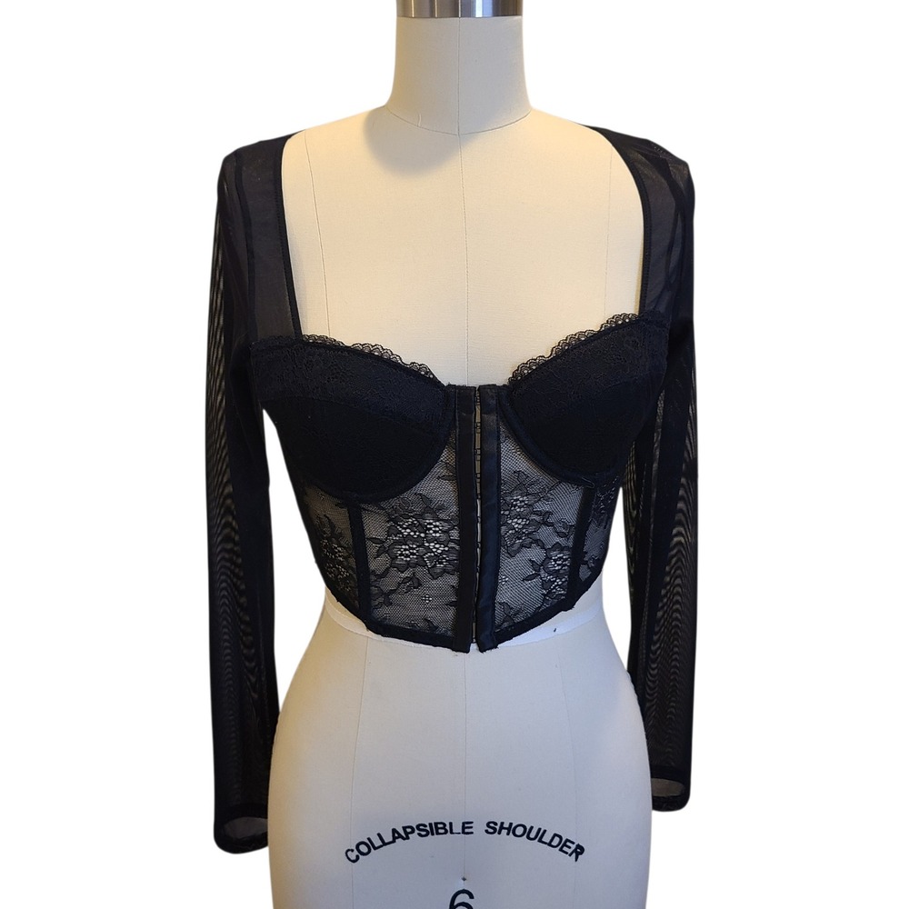 Sincerely Jules Womens Black Lace Corset Bustier Long Sleeve Crop Top Size M